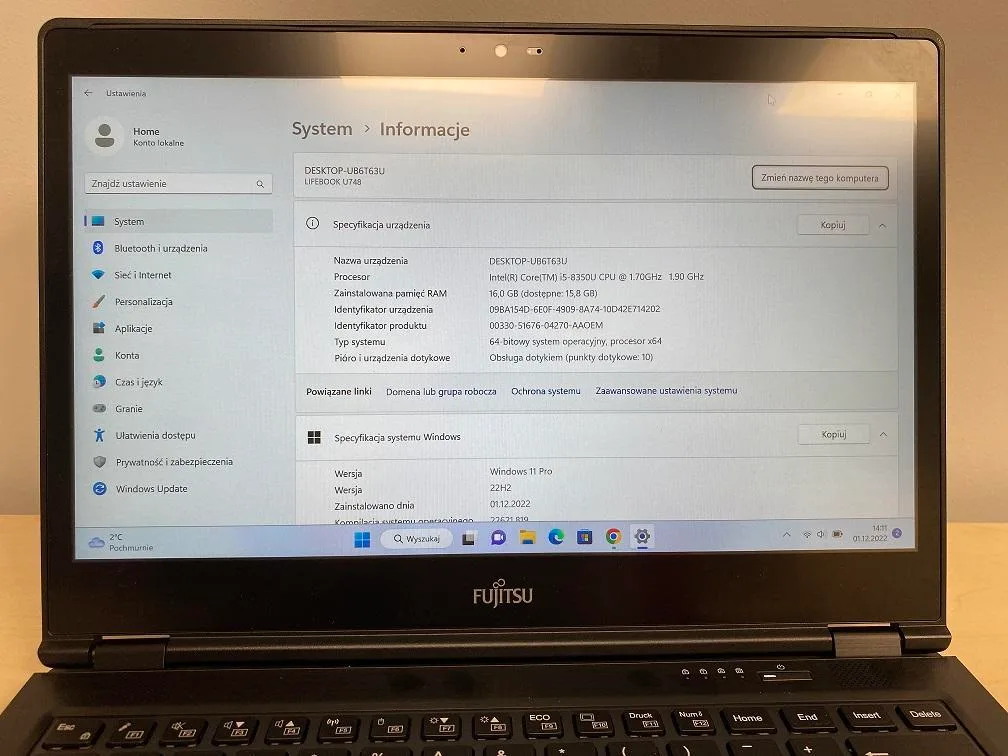 Fujitsu Lifebook U748 Core i5-8350U 1.7GHz 16GB 512GB M.2 14" dotyk kamera Windows 11 Pro poleasingowy Gwarancja: 6 miesięcy - 27085004 - obrazek 7